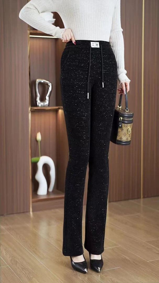 安可拉红星空银丝秋冬新款加绒加厚休闲高腰显瘦窄版修身微喇裤女