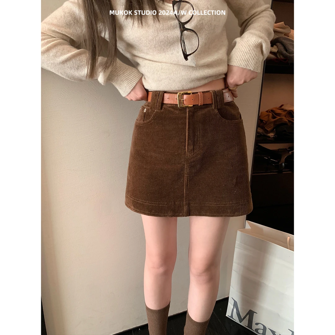 MUKOK复古画报~ 复古港风灯芯绒半身裙高腰显瘦包臀短裙