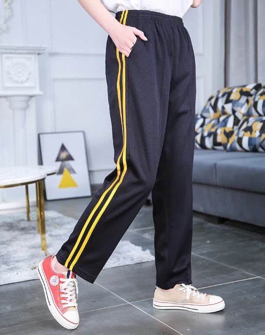 藏蓝色两条杠双黄条男女长裤学生校服裤宽松运动裤直筒加肥初高中