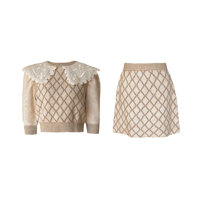 【小呆鸟专享】刺绣翻领菱格针织套装  XR21-78