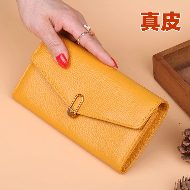 新款真皮钱包女长款黄色头层牛皮多卡位钱夹高档质感真皮手拿包
