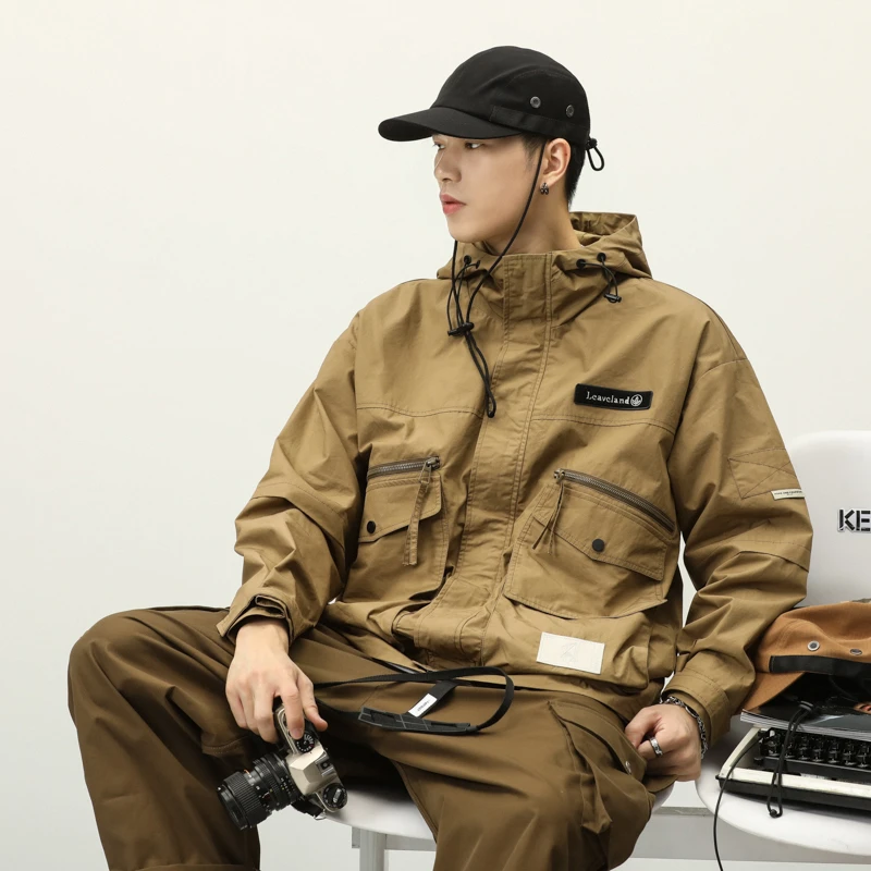 潮掌柜户外山系防水连帽夹克男多口袋机能工装外套潮牌百搭冲锋衣