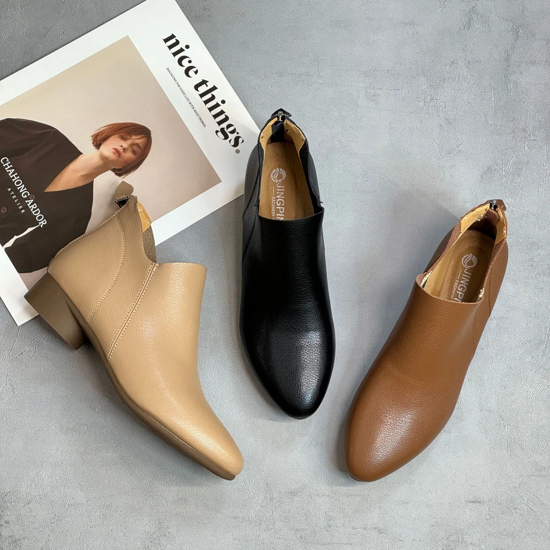 尖头短靴低跟软底软面休闲鞋时尚百搭气质裸靴新款1003