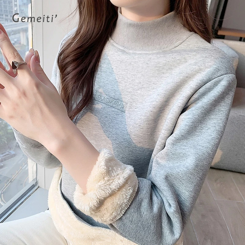 冬季新款正肩半高领羊羔绒加厚套头卫衣女装加绒保暖百搭上衣长袖