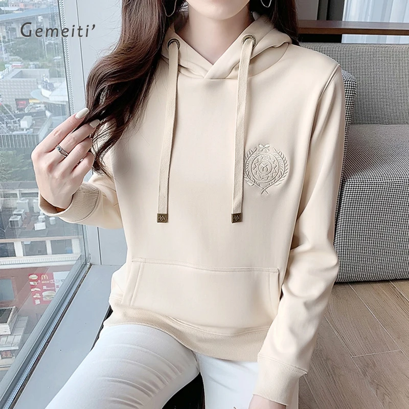 连帽套头休闲薄款显瘦卫衣女2025秋冬季正肩加绒加厚百搭长袖上衣