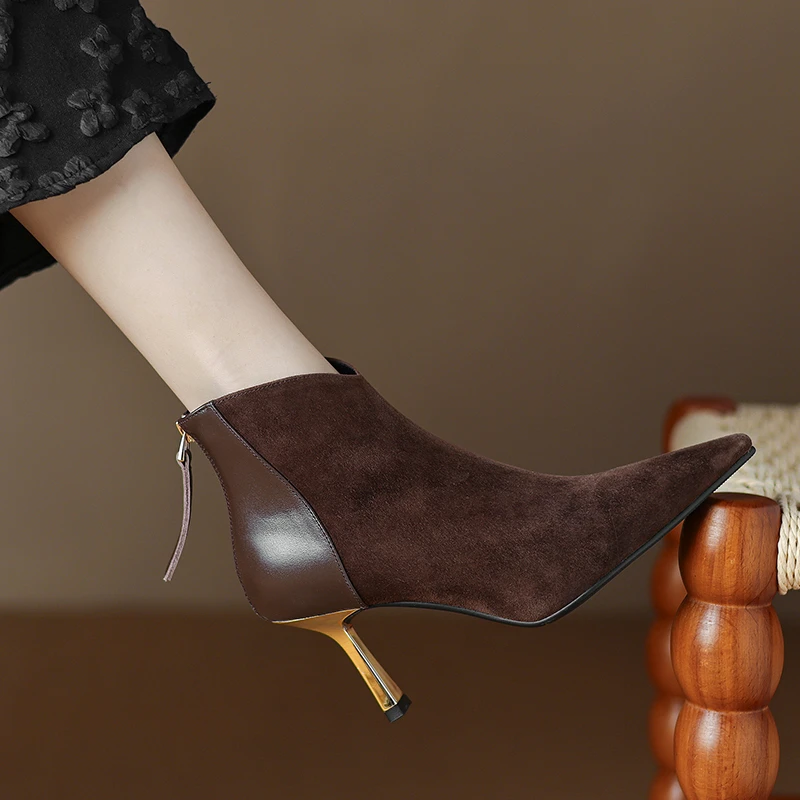 法式复古尖头细跟单靴女百搭气质真皮高跟短靴黑色粗跟裸靴时尚