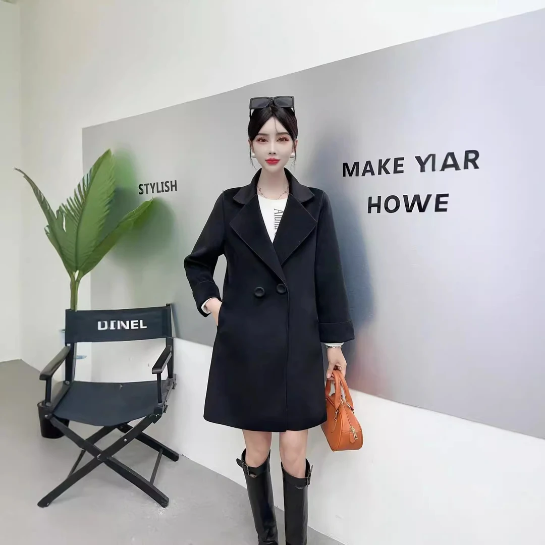 2025年春季新款韩系双面毛呢大衣女西装领时尚休闲百搭双面风衣女