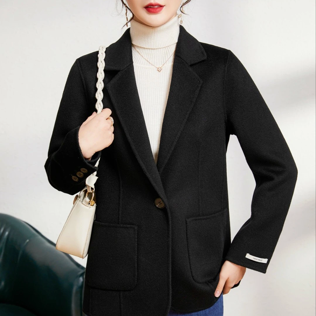春季新款短款时尚100%双面羊毛大衣外套西装气质修身毛呢外套