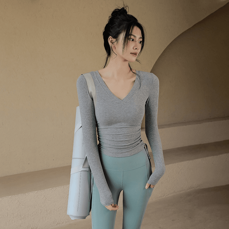 瑜伽服女秋冬紧身显瘦运动上衣V领跑步长袖T恤普拉提训练健身服