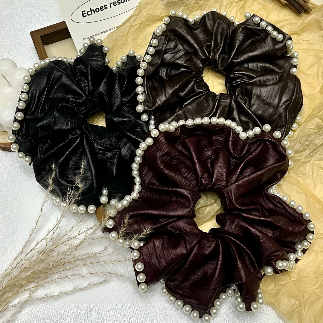 韩国高级手工钉珠珍珠皮面大肠发圈气质丸子头马尾发绳001