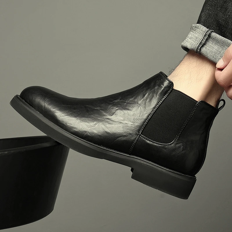 侧拉链切尔西靴英伦风马丁靴男款中帮真皮透气烟筒靴高帮鞋