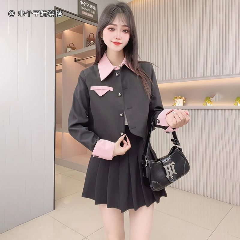 粉色假两件外套女春季套装短款小个子显瘦条纹拼接撞色宽松小西装