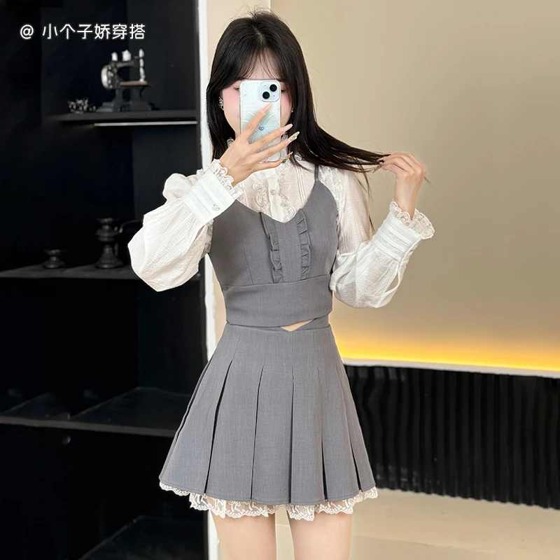 早秋穿搭套装2024新款盐系三件套小香风衬衫吊带马甲半身裙套装裙