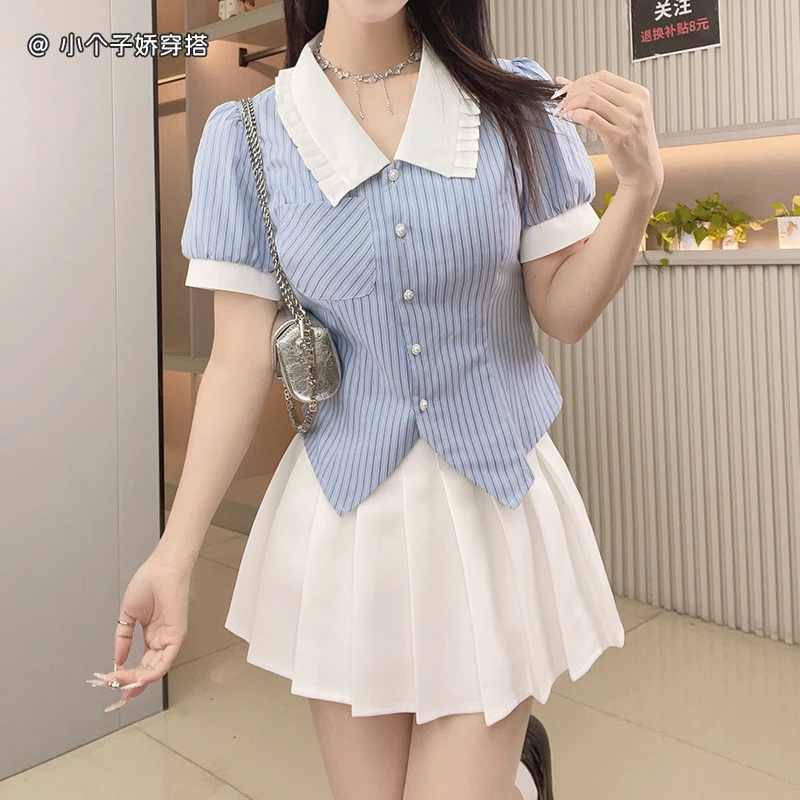 蓝白条纹学院风衬衫女夏季设计感短款小个子收腰短袖上衣jk衬衣