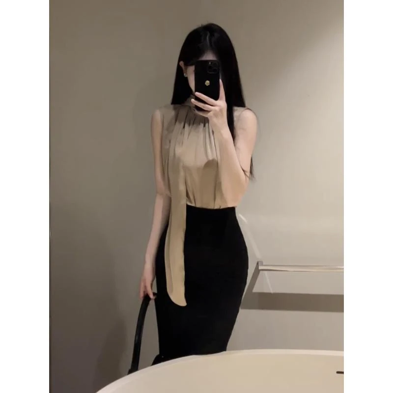 夏季新款立领无袖显瘦缎面百搭气质一体式飘带绕脖女装上衣-SG008