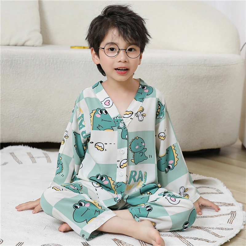 棉绸儿童睡衣男童宝宝夏季薄款开衫空调服女童家居服套装