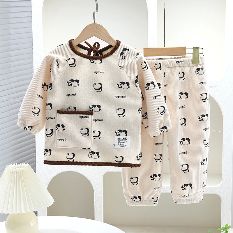 宝宝加绒罩衣罩裤分体套装冬外穿保暖套棉衣反穿衣吃饭灯芯绒护衣