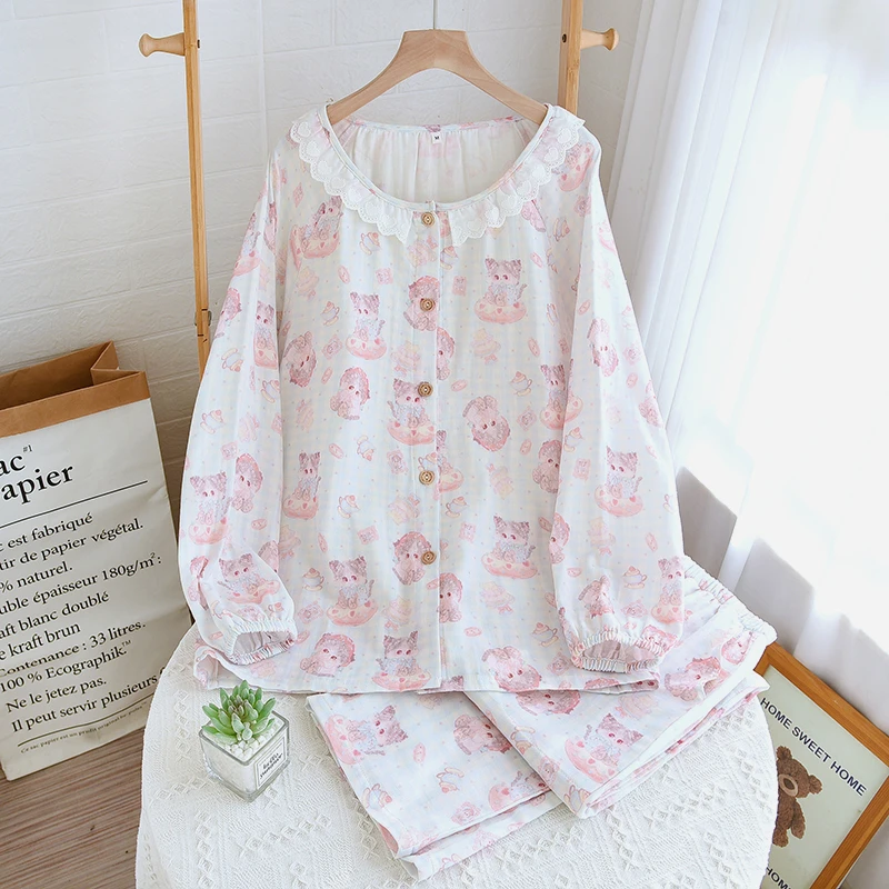 甜美套装新款纯棉数码印花长袖长裤花边领大码可外穿