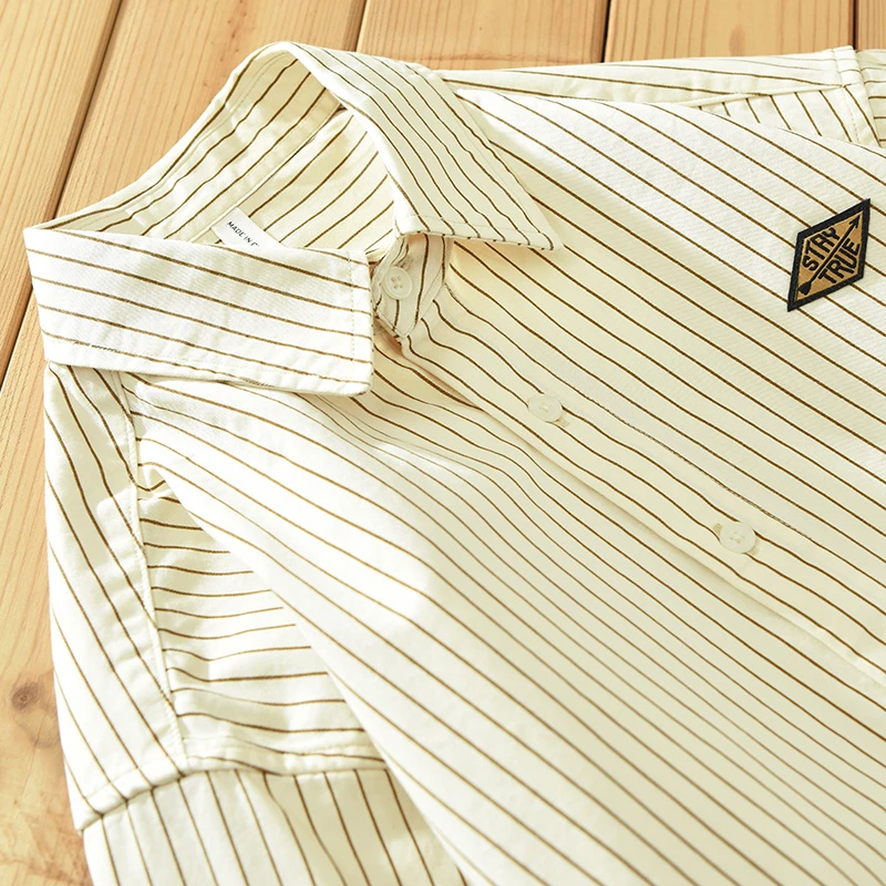 日系工装美式复古竖细条纹立领长袖衬衫宽松廓形棒球衬衣外套男秋