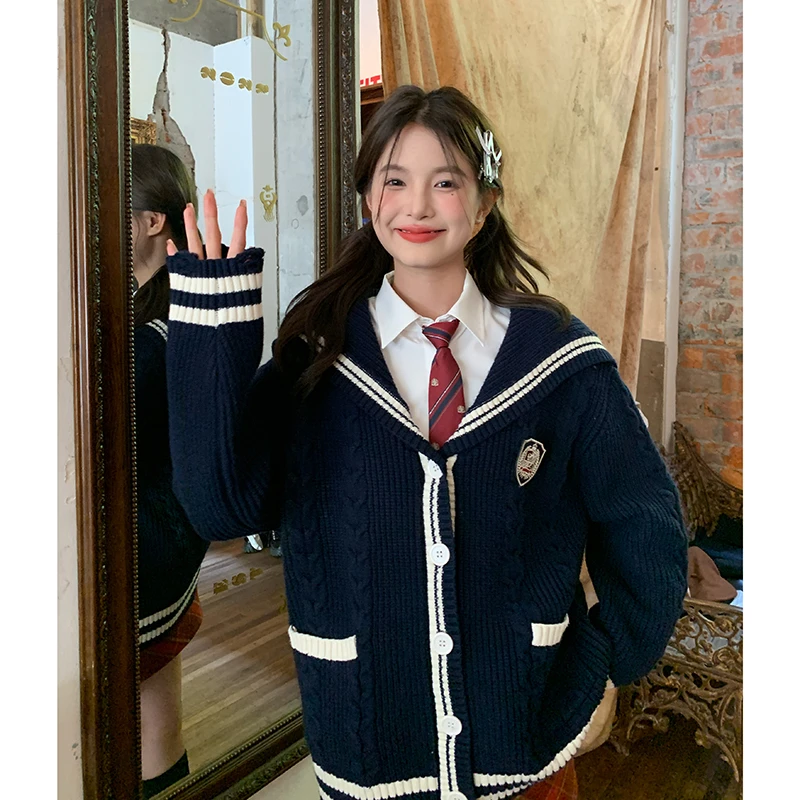 东京岁时记JK制服毛衣针织开衫外套女藏青色海军领学院风宽松慵懒