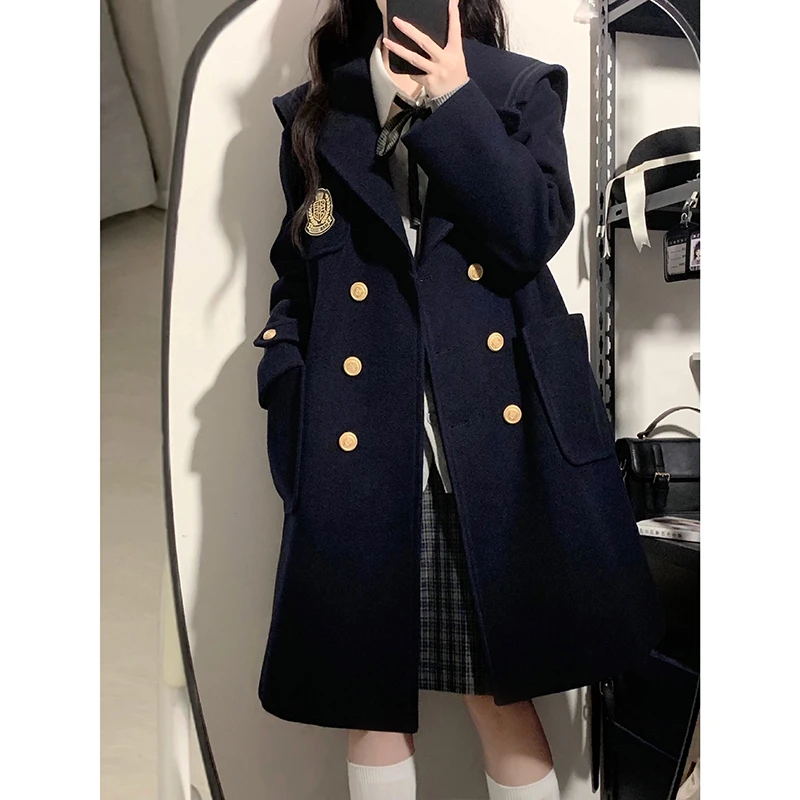 东京岁时记jk秋冬夹棉保暖大衣新款绀色显瘦海军领学院风毛呢外套