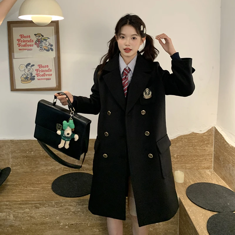东京岁时记JK秋冬季新款双排扣大衣黑色长款呢子外套女装泰熙女高