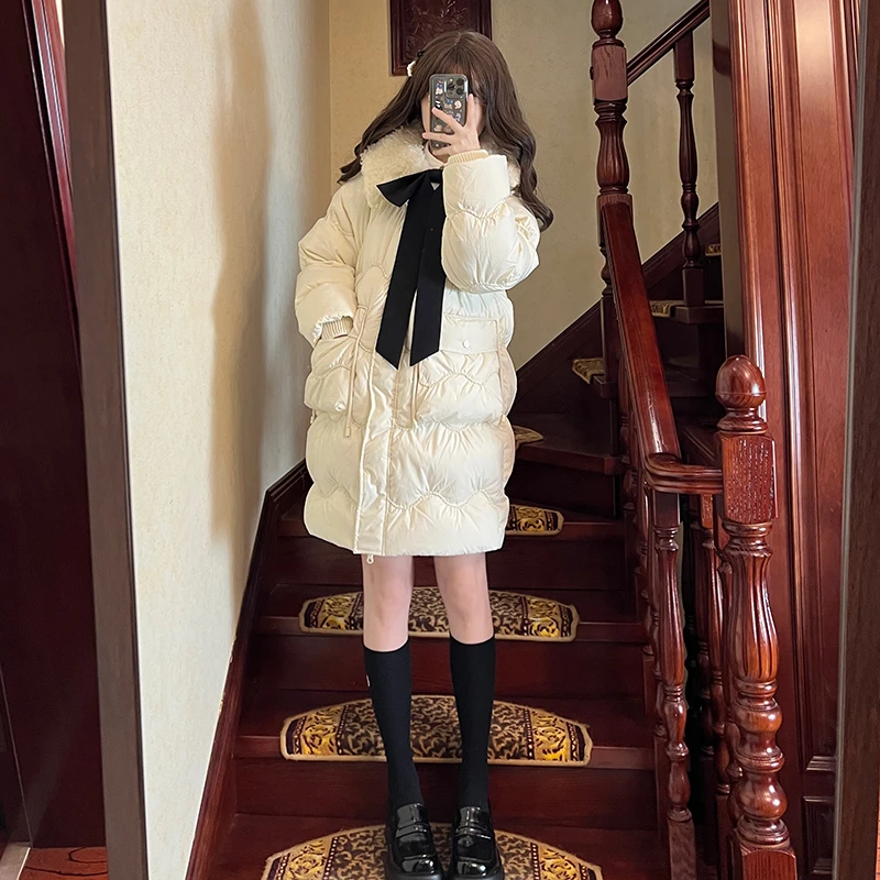 东京岁时记jk原创JK过膝加厚校供学生显瘦冬季白鸭绒蝴蝶结羽绒服