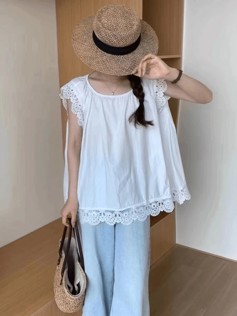 轻法式重工蕾丝拼接宽松无袖上衣