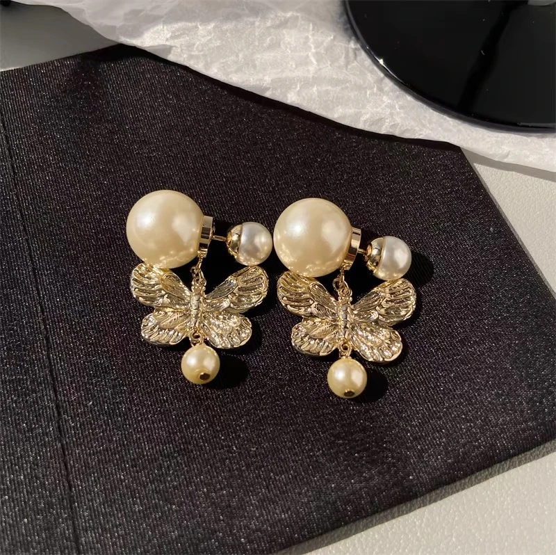 铜合金耳饰 周也同款幻境蝴蝶仿珍珠前后耳钉法式名媛气质耳环
