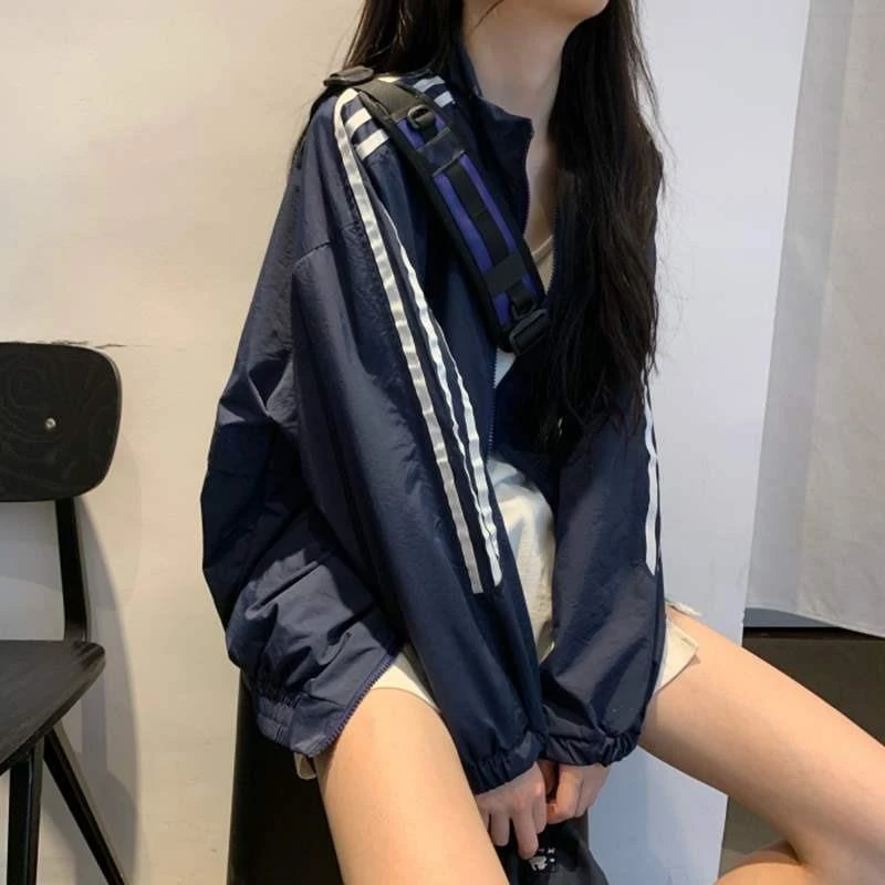 日本代购夏薄款拉链防晒衣运动外套女学生宽松长袖风衣休闲上衣