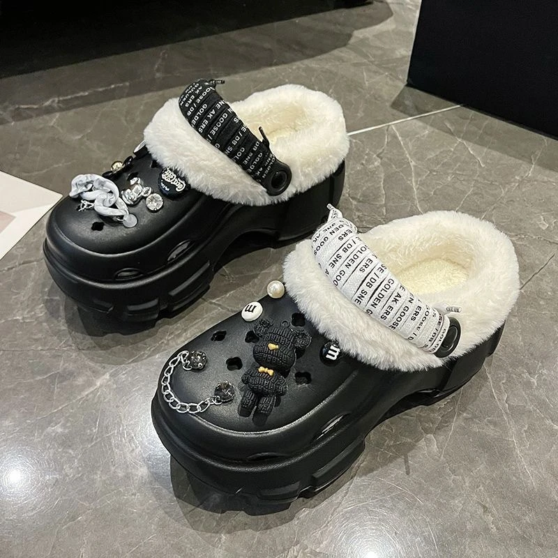 日本GP棉拖女洞洞鞋加绒内胆洞洞鞋厚底EVA防滑卡通DIY水钻小熊