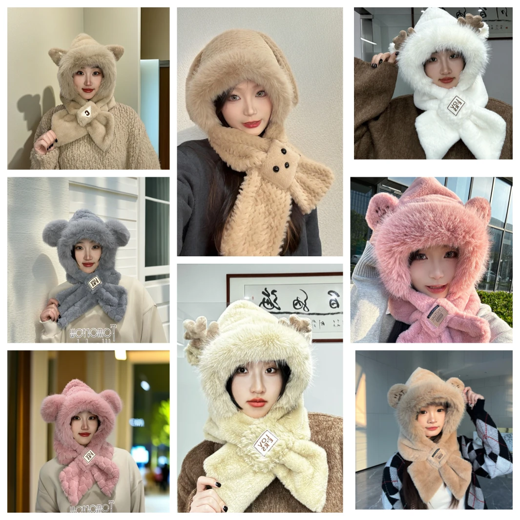 2024新款可爱小熊毛绒帽围巾帽子一体女冬季护耳骑车时尚保暖帽子