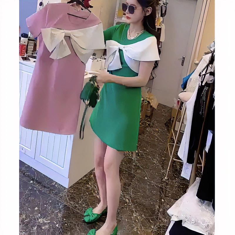 2023减龄甜美休闲时尚夏季新款韩版蝴蝶结洋气显瘦中长款连衣裙女