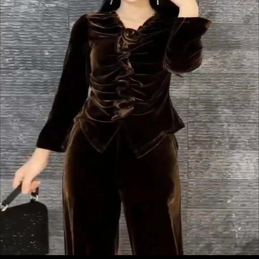 婕妤秀23258秋季显气质瘦时尚洋气修身丝绒女士中式两件套套装