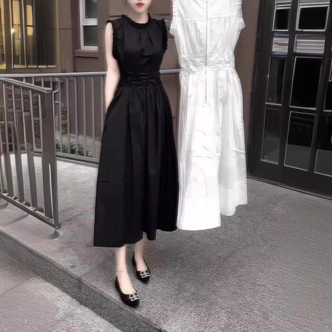 24513时尚百搭秀2024夏季新款洋气减龄无袖长款连衣裙韩系收腰女