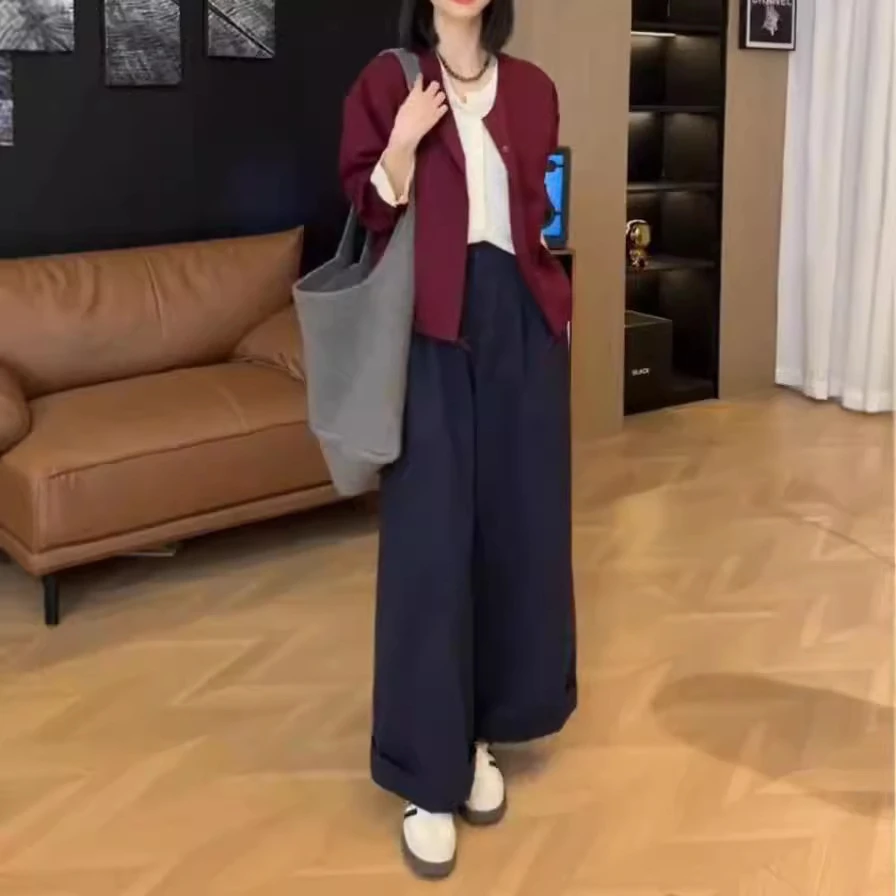 24806时尚百搭秀2024秋季新韩版宽松长袖假两件上衣休闲阔腿裤女