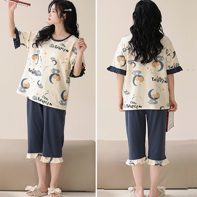 5XL特大码加肥200斤胖mm短袖七分裤纯棉睡衣女夏季卡通家居服套装