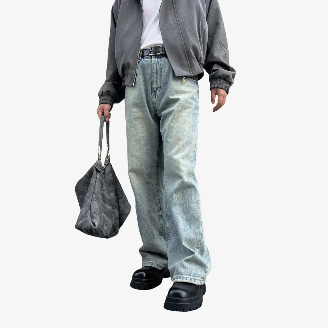 cleanfit美式窄版直筒宽松高街百搭中高腰显高水洗冰蓝秋冬牛仔裤