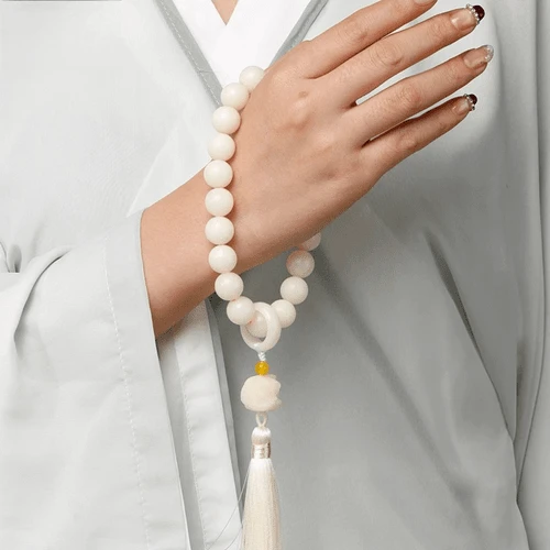 白玉菩提根手持12mm文玩手串男女款搭象牙果醒狮吊坠流苏