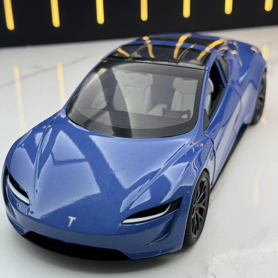 1:24特斯拉R敞篷合金车模型跑车声光回力玩具车音乐模型摆件收藏
