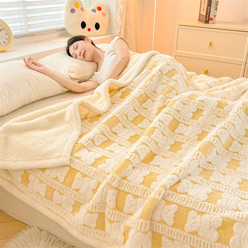 谜言2024冬季新品加厚双层阳离子毛毯复合羊羔绒毯子办公室盖毯