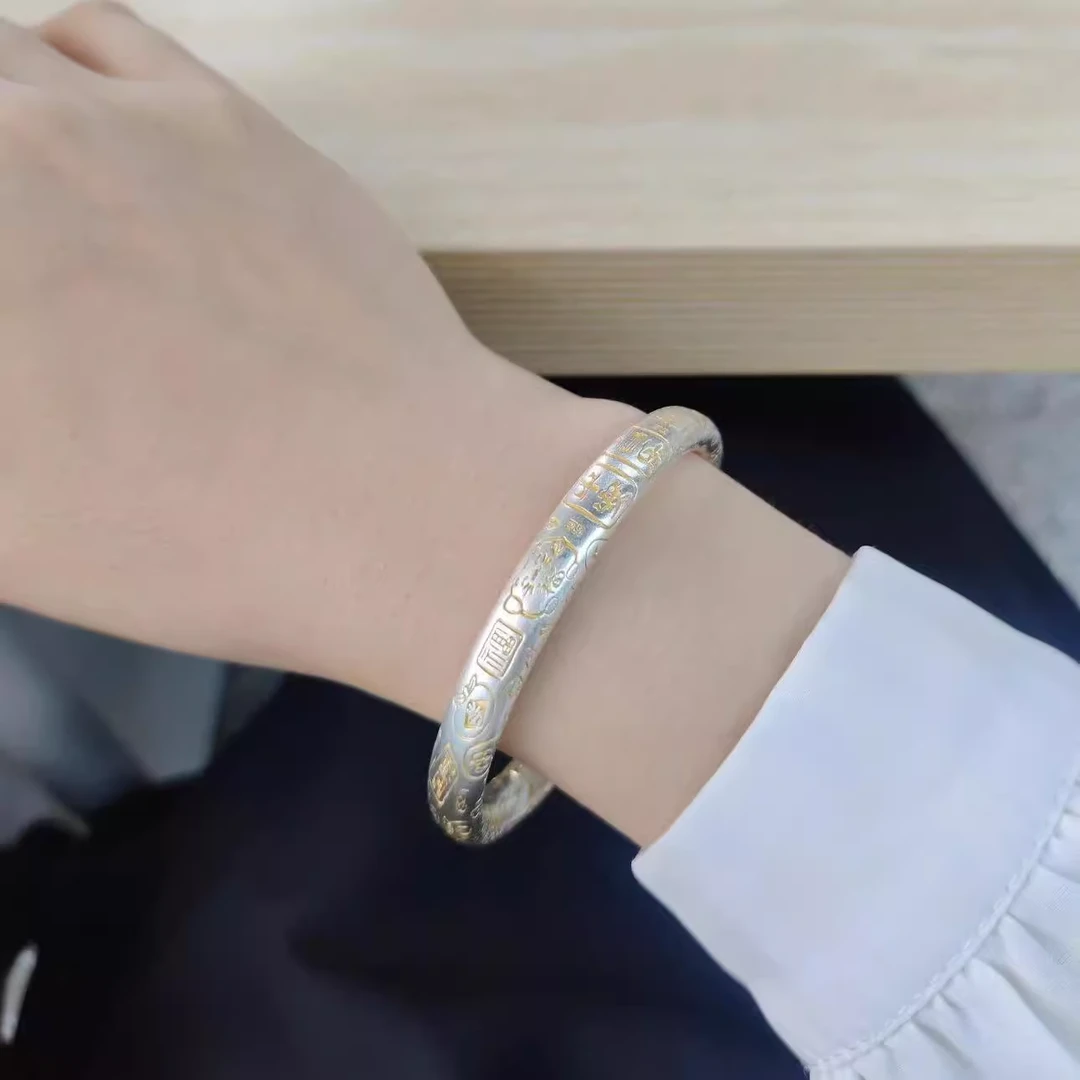 足银手镯 【B17】足银描金平安喜乐开口手镯999.9纯银手镯国潮民族