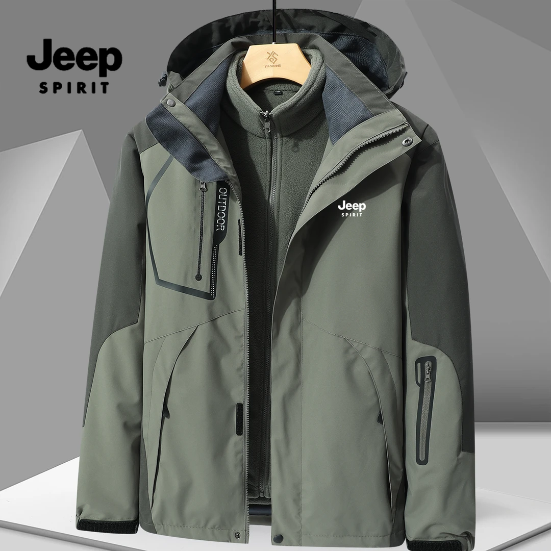 JEEPSPIRIT吉普三合一冲锋衣可拆卸户外防风防水加绒加厚情侣外套