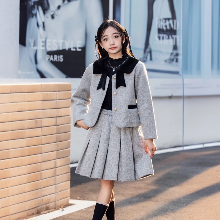 女童中大童装8862款呢子大衣两件套高档韩版小香风夹棉加厚