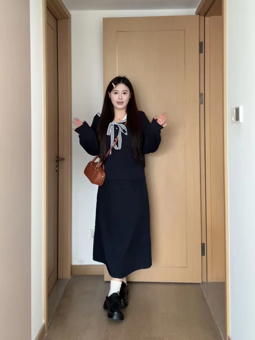 大码海军领减龄长袖2024早秋新款女装中长裙子胖mm遮肚套装