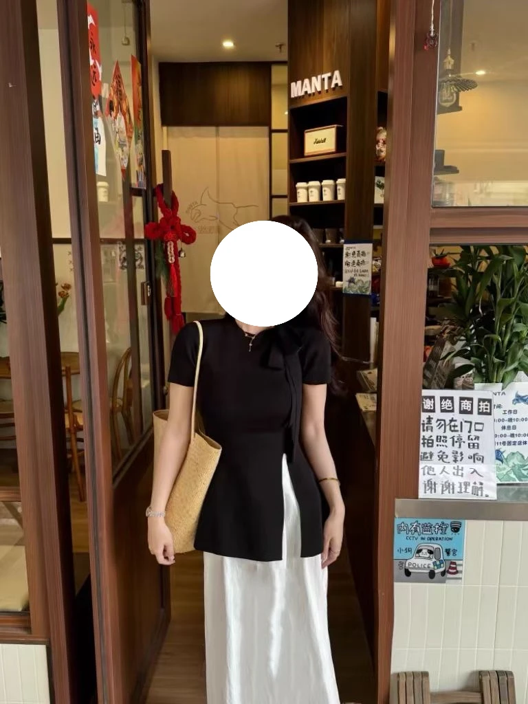 设计感蝴蝶结系带短袖T恤女夏季2024新款气质修身开叉体恤薄