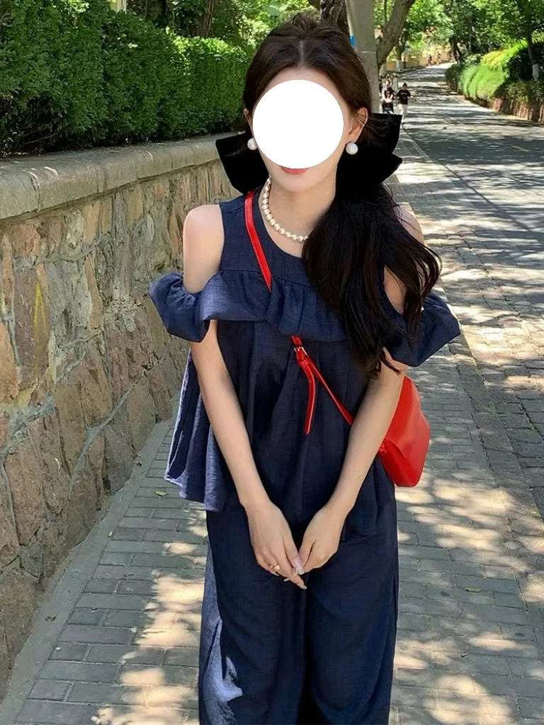 东大门复古镂空露肩荷叶边衬衫上衣高腰阔腿裤两件套