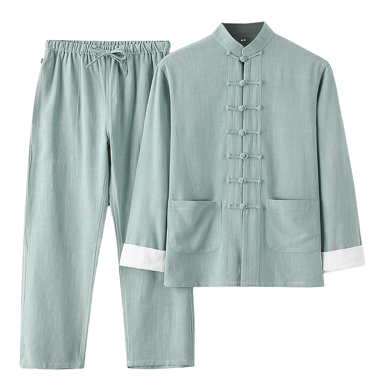 夏季唐装男胖哥大码长袖套装肥佬加肥加大棉麻套装盘扣立领两件套