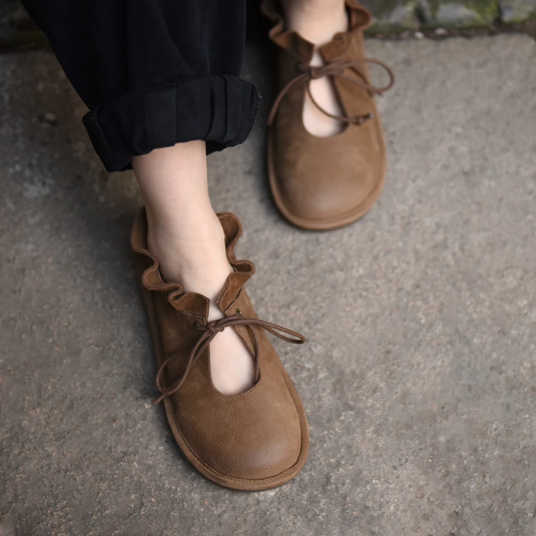 Artmu阿木复古木耳边真皮单鞋平底鞋子女不累脚女鞋软底新011-42