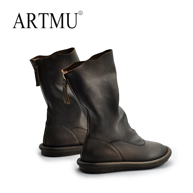Artmu阿木原创复古小众倒靴皱皱平底中筒靴圆头真皮女靴子2025-77